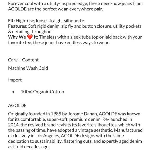 NWT AGOLDE Magda Denim Carpenter Darkness High Waist Loose fit 27 Organic Denim - Picture 5 of 13